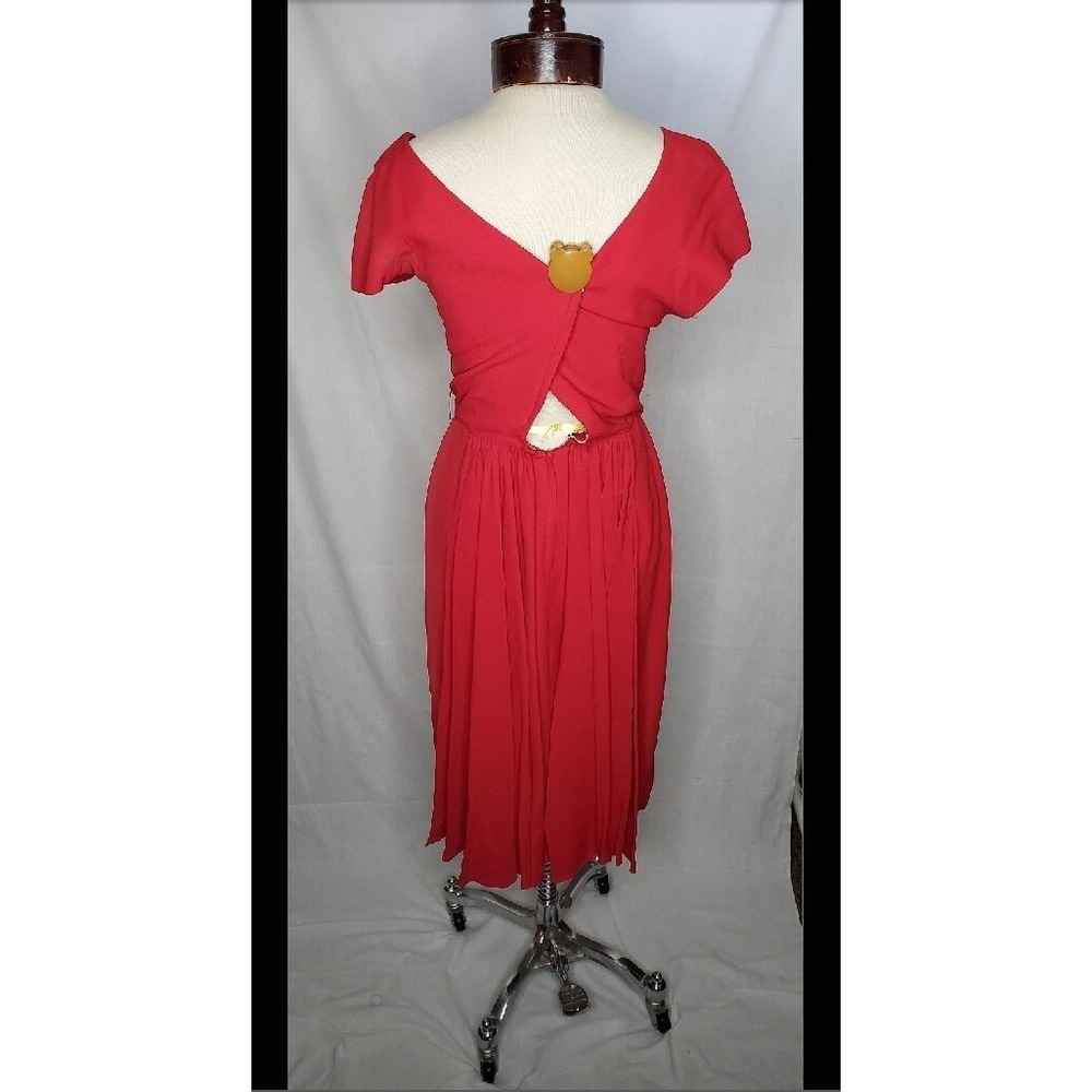 Vintage 1950s  Lipstick red dress with V-neck Draped Waist Shash Cocktail Dress - Picture 4 of 6